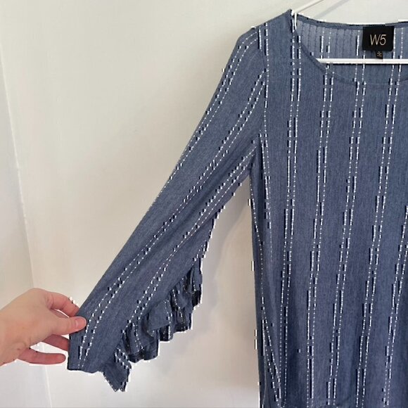 W5 ANTHROPOLOGIE Mariana Blouse Dot Stripe Blue White Ruffle 3/4 Sleeve Boho Top - Picture 8 of 12